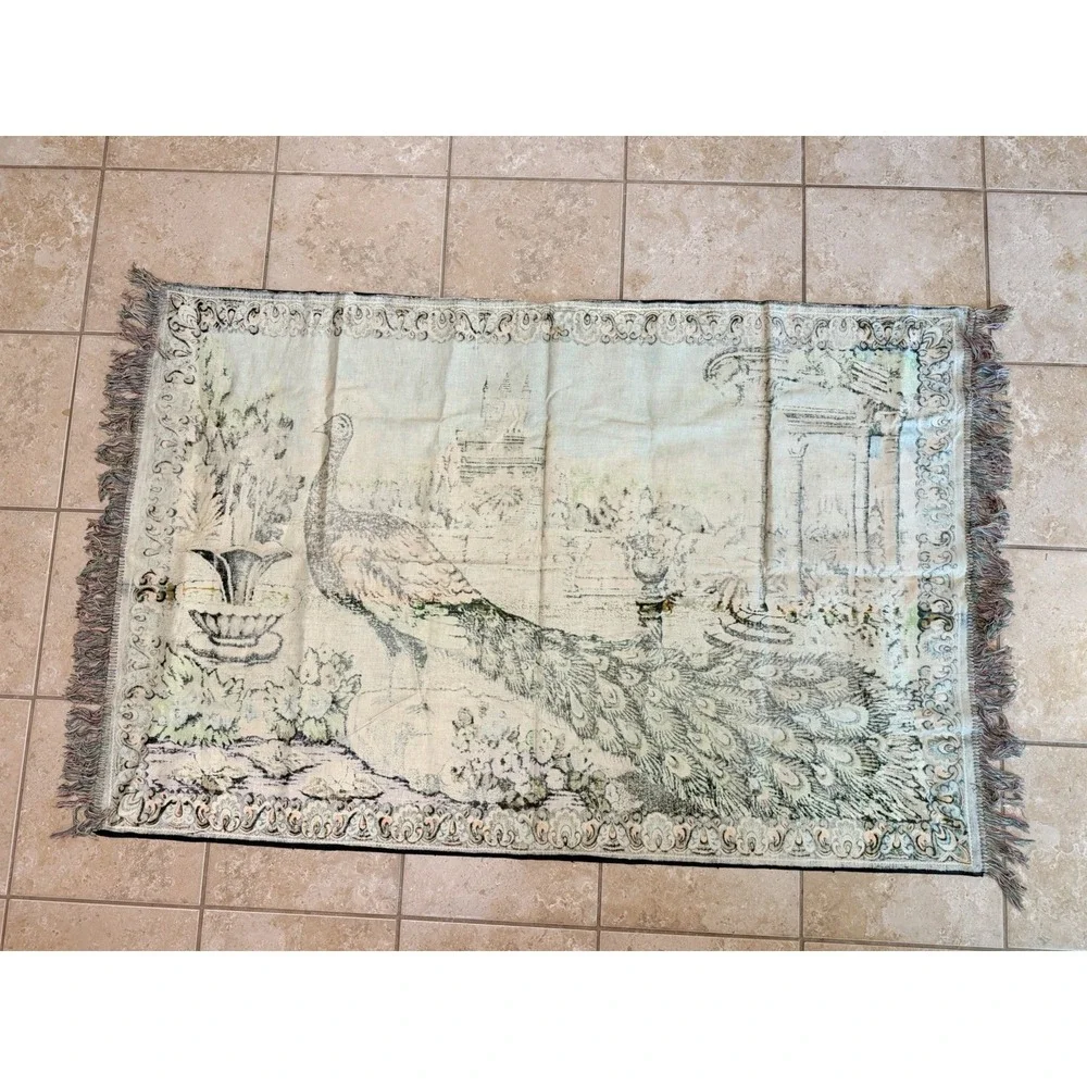 Vintage 1970s Peacock Velvet Tapestry Wall Hanging Castle Fountain 60x39